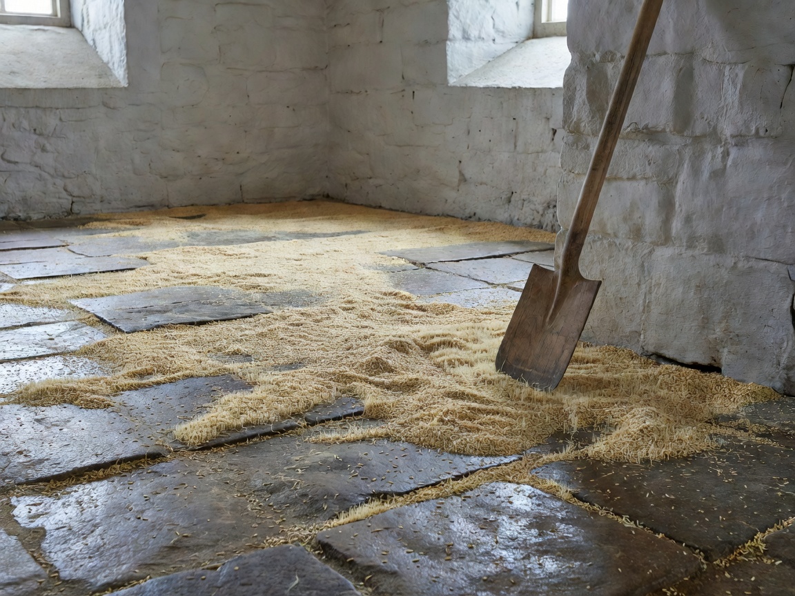 Germinating barley spread across a stone floor maltings with a wooden shovel resting against the wall