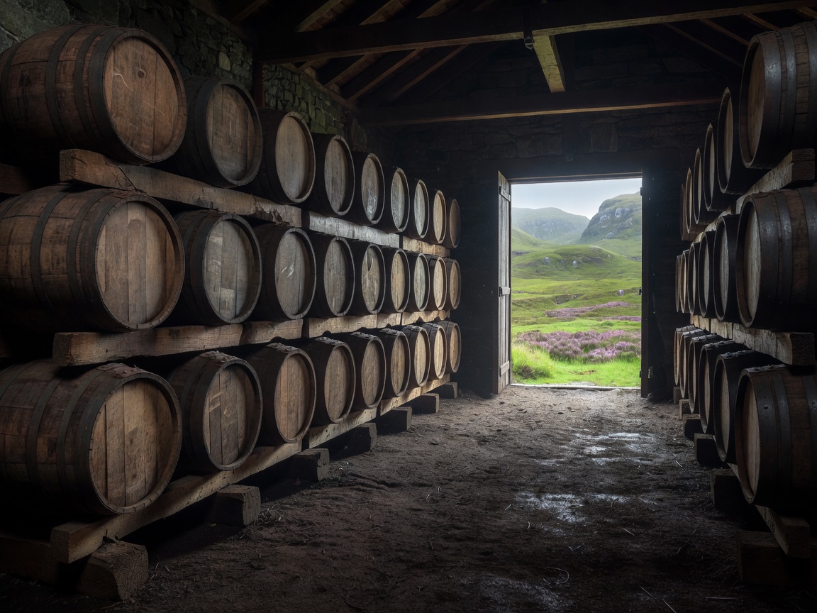 Rows of oak casks resting on earth floors in a dim dunnage warehouse, with Scottish hills visible through the open doorway