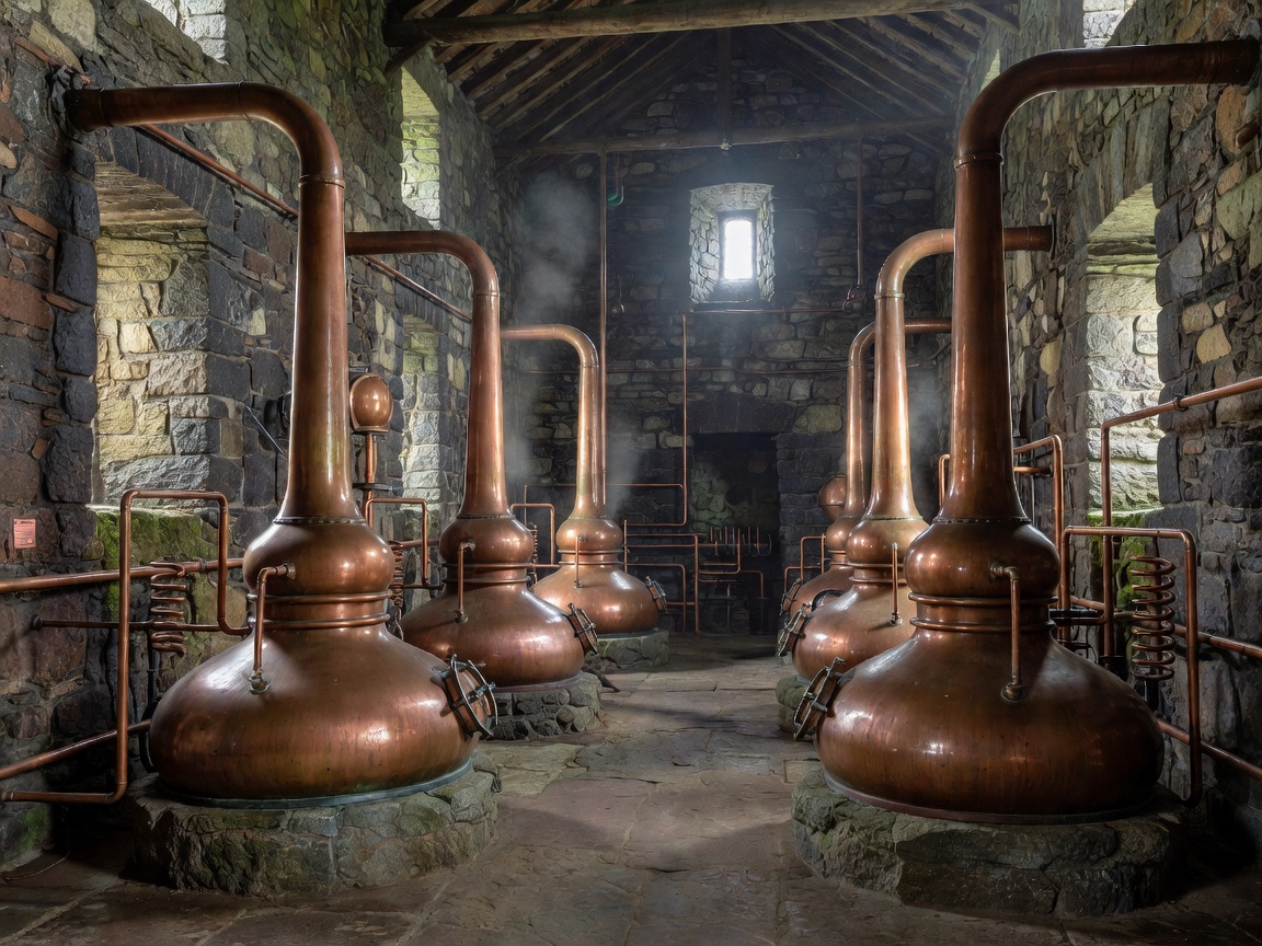Tall copper pot stills with slender necks in a stone-walled Highland stillhouse
