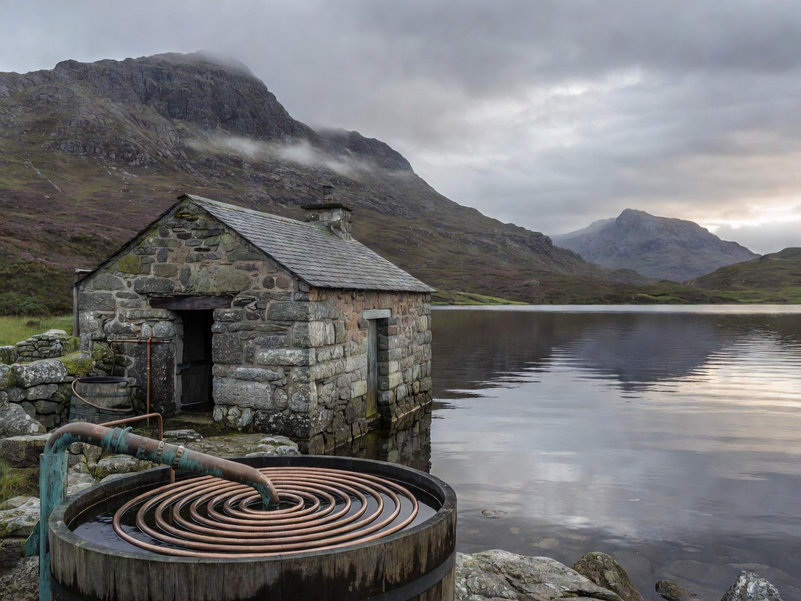 Small stone distillery beside a Highland loch with mountains behind and a worm tub condenser outside the stillhouse