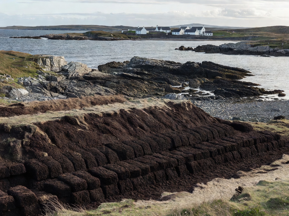 Cut peat bank drying above a rocky Islay shoreline with white-painted buildings in the distance
