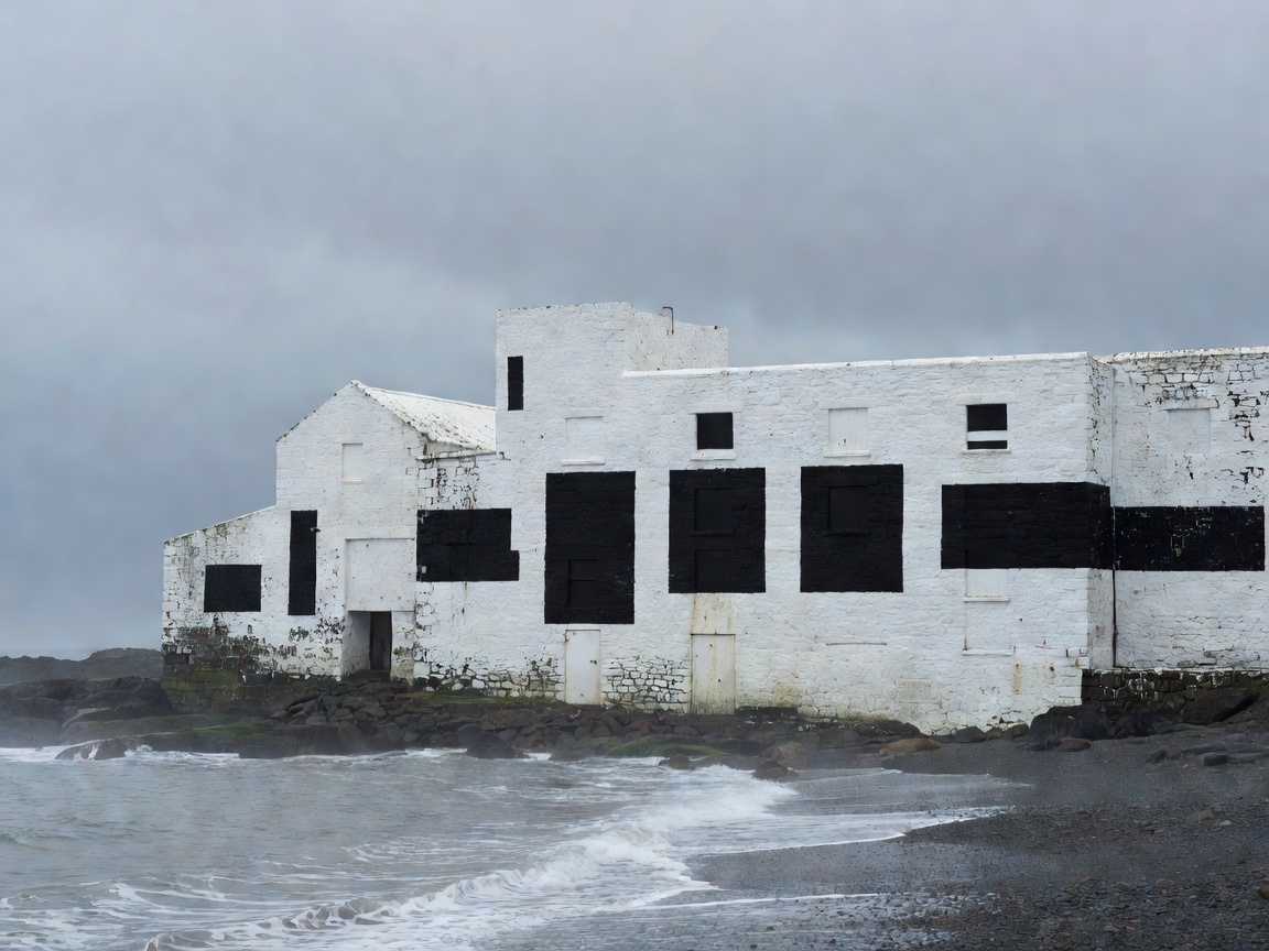 White-painted distillery warehouse walls at the edge of a grey sea on Islay