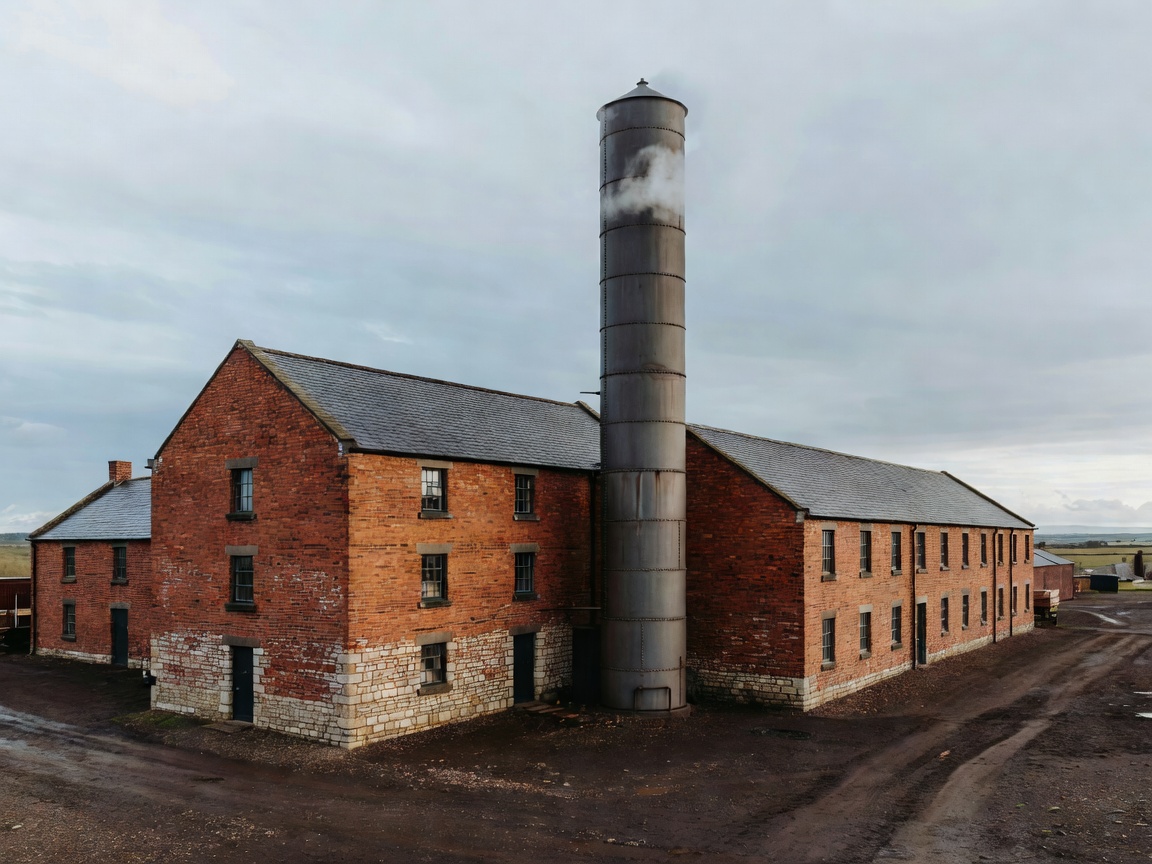 Tall steel column still rising beside red-brick buildings at a Lowland grain distillery