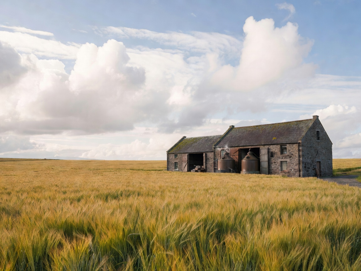 Farm distillery buildings beside a ripening barley field under a wide Lowland sky