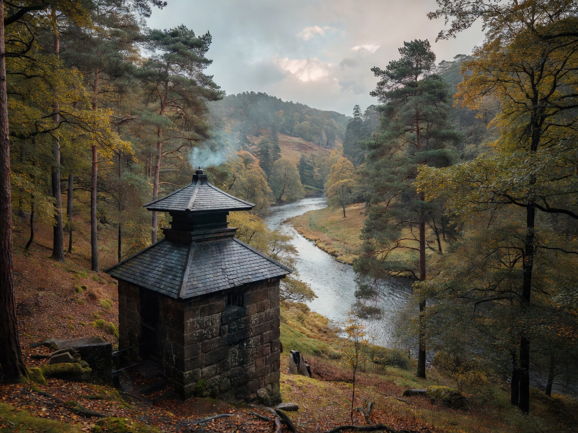 Pagoda-roofed distillery kiln above a wooded river valley in Speyside