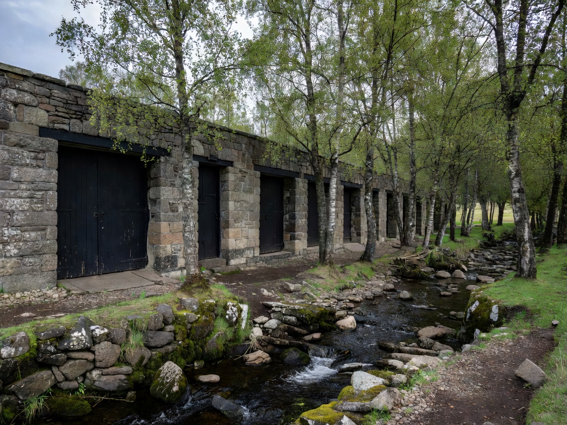 Low stone warehouse with black doors beside a birch-lined burn in Speyside